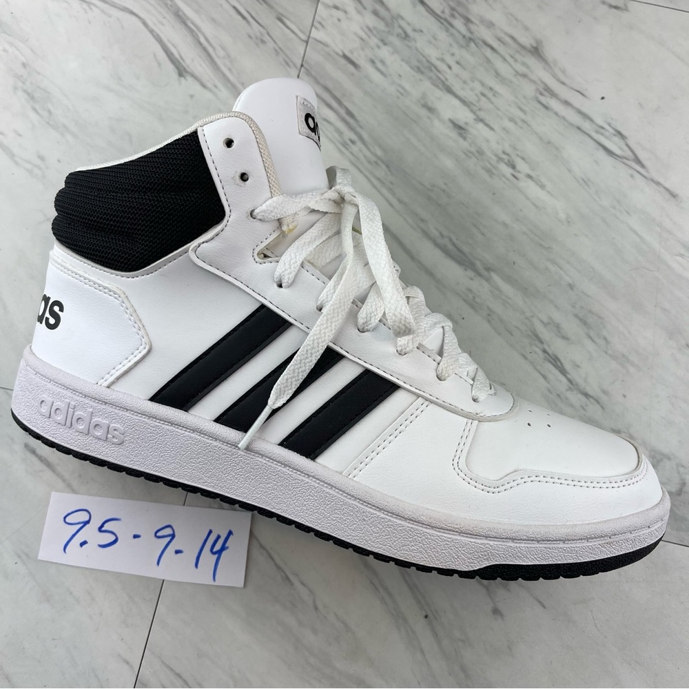 •Adidas Mens Hoops 2.0 BB7208 White Black Mid Top Lace Up Sneaker Shoes Size 9.5